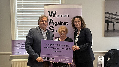 Mark Wooding, Angela Madden (WASPI) and Wendy Chamberlain